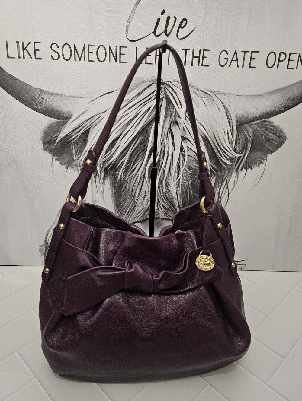 Vintage Y2K Brahmin Paulina-Sasha Plum Leather Bow Shoulder Bag Gold Hardware